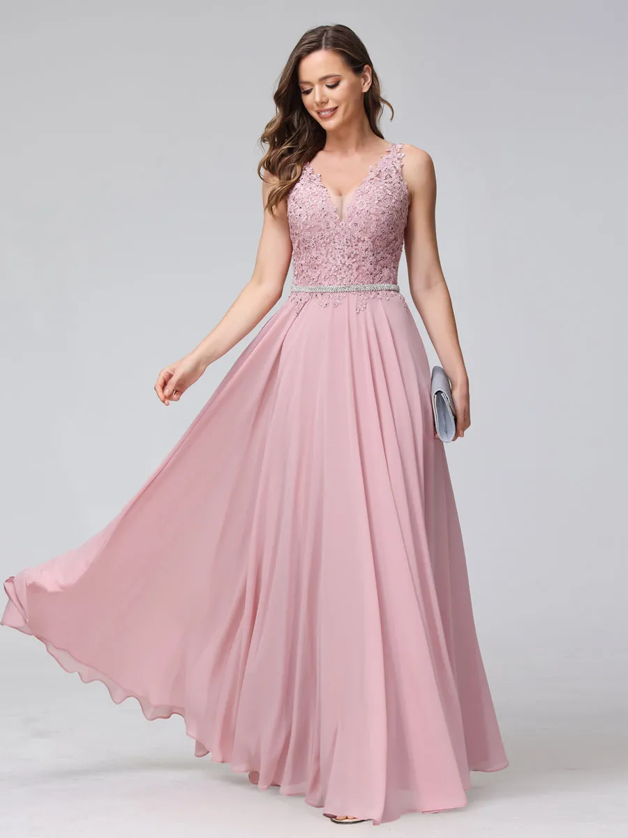 A-Line V-Neck Sleeveless Long Chiffon Dresses with Lace Appliques & Rhinestones sold by Lavetir product image thumbnail 5