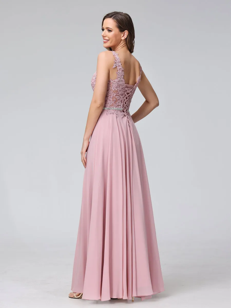 A-Line V-Neck Sleeveless Long Chiffon Dresses with Lace Appliques & Rhinestones sold by Lavetir product image thumbnail 2