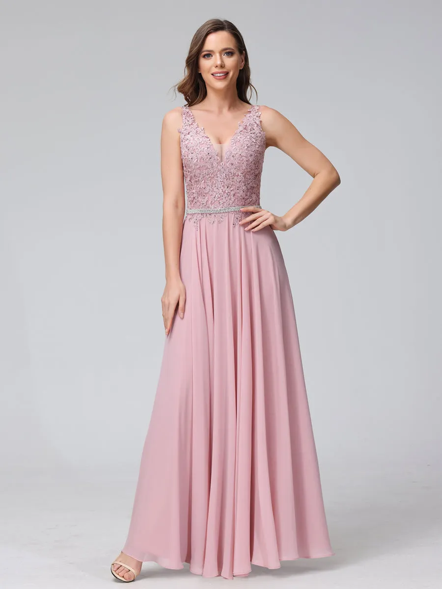 A-Line V-Neck Sleeveless Long Chiffon Dresses with Lace Appliques & Rhinestones sold by Lavetir product image thumbnail 3