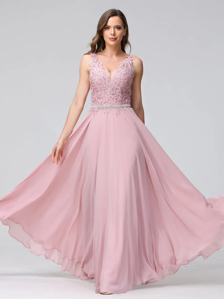 A-Line V-Neck Sleeveless Long Chiffon Dresses with Lace Appliques & Rhinestones sold by Lavetir product image thumbnail 4