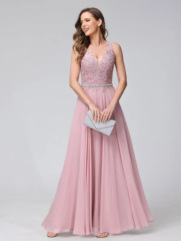 A-Line V-Neck Sleeveless Long Chiffon Dresses with Lace Appliques & Rhinestones sold by Lavetir