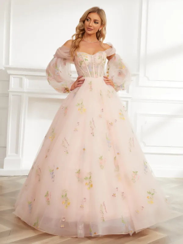 Ball Gown Sweetheart Embroidery Tulle Long Prom Dresses with Detachable Shawl & Sleeves sold by Lavetir