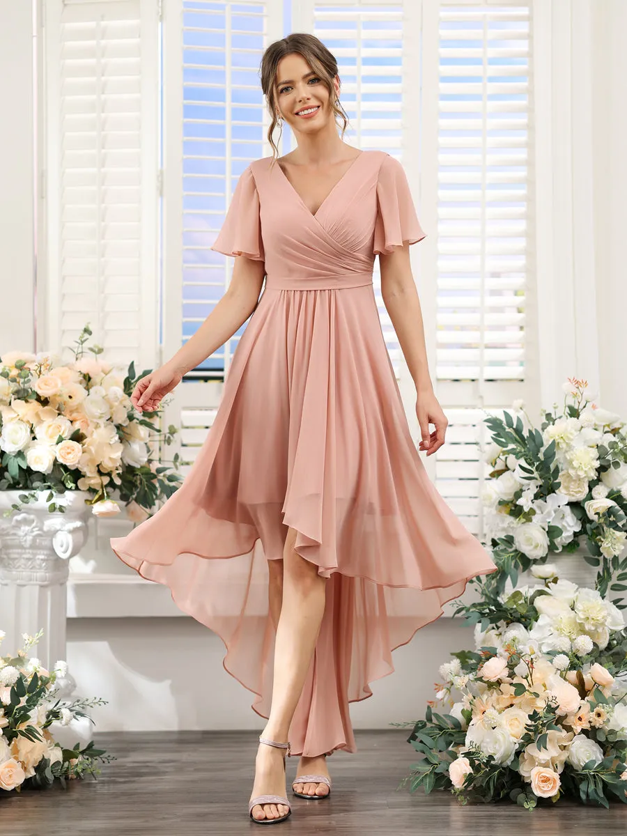 A-Line V-Neck Short Sleeves Ruched Asymmetrical Chiffon Bridesmaid Dresses sold by Lavetir product image thumbnail 3