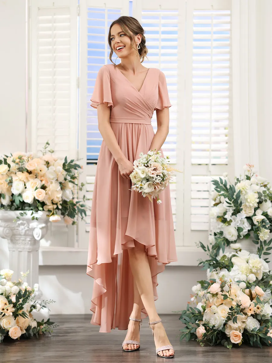 A-Line V-Neck Short Sleeves Ruched Asymmetrical Chiffon Bridesmaid Dresses sold by Lavetir