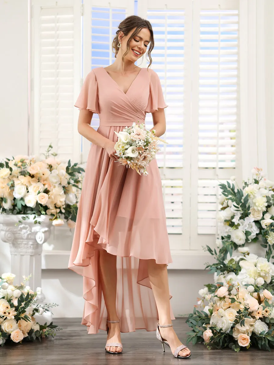 A-Line V-Neck Short Sleeves Ruched Asymmetrical Chiffon Bridesmaid Dresses sold by Lavetir product image thumbnail 5