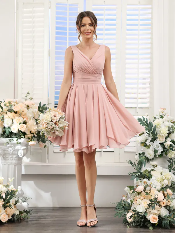 A-Line V-Neck Sleeveless Ruched Chiffon Short Bridesmaid Dresses sold by Lavetir