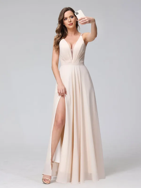 A-Line Spaghetti Straps V-Neck Sleeveless Long Chiffon Bridesmaid Dresses With Split Side sold by Lavetir