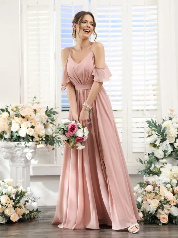 A-Line Spaghetti Straps Split Side Ruched Floor-Length Chiffon Bridesmaid Dresses sold by Lavetir