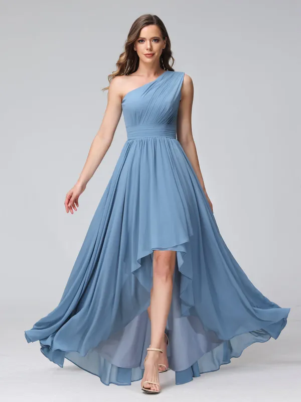 A-Line One-Shoulder Sleeveless Chiffon High Low Bridesmaid Dresses with Pockets sold by Lavetir