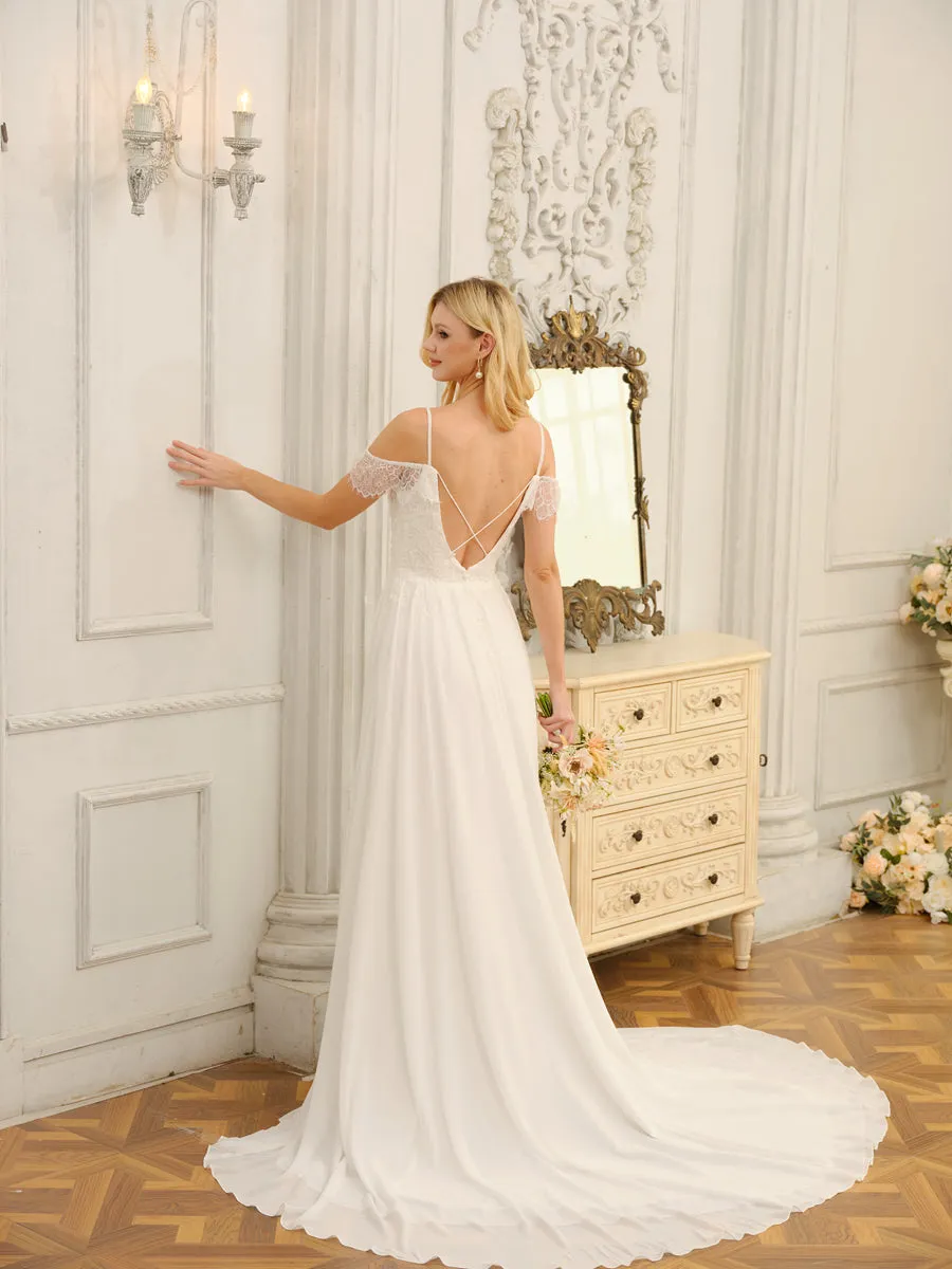 A-Line/Princess Off-the-Shoulder Long Wedding Dresses with Appliques & Split Side sold by Lavetir product image thumbnail 2