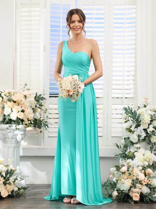Sheath/Column One-Shoulder Sleeveless Ruched Silk Satin Bridesmaid Dresses sold by Lavetir