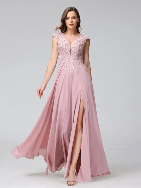 A-Line V-Neck Sleeveless Chiffon Long Bridesmaid Dresses With Applique Split Side sold by Lavetir