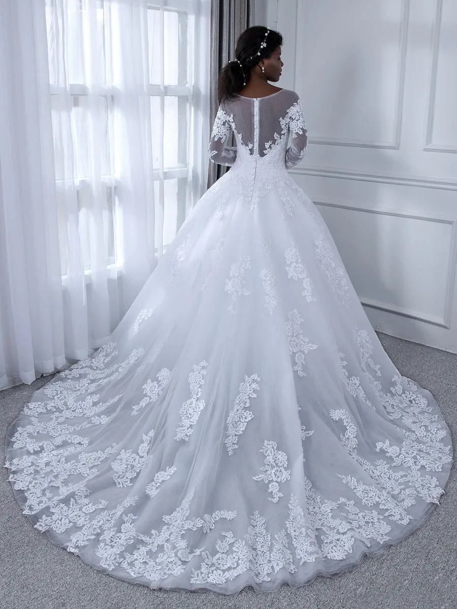 Sheer Neck Long Sleeves Tulle Ball Gown Wedding Dresses with Beading Appliques sold by Lavetir product image thumbnail 2