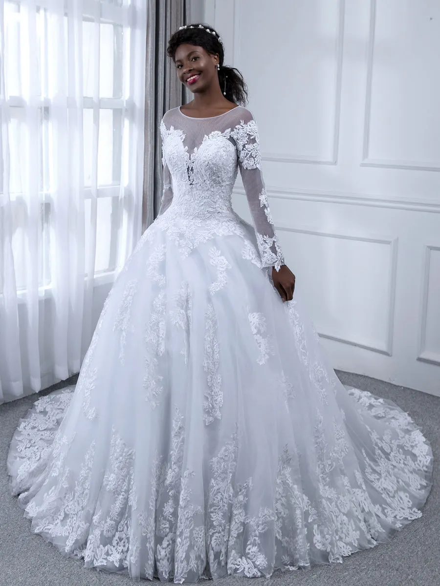Sheer Neck Long Sleeves Tulle Ball Gown Wedding Dresses with Beading Appliques sold by Lavetir product image thumbnail 4