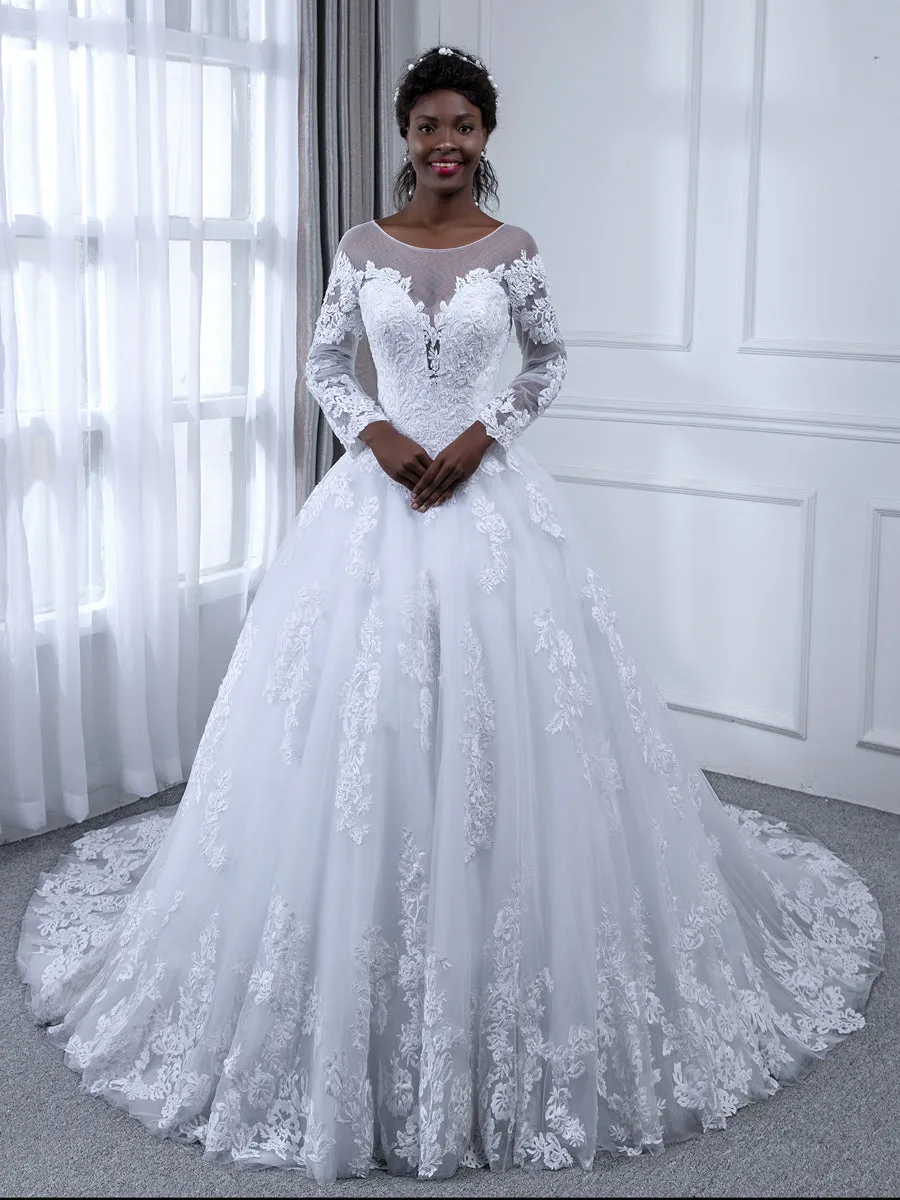 Sheer Neck Long Sleeves Tulle Ball Gown Wedding Dresses with Beading Appliques sold by Lavetir