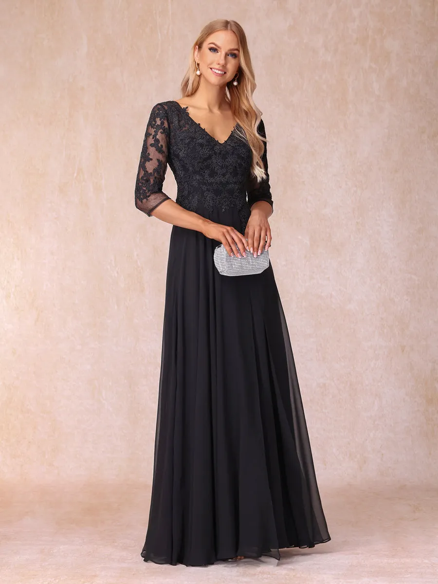 A-Line/Princess V-Neck 3/4 Sleeves Long Formal Evening Dresses with Beading & Appliques sold by Lavetir product image thumbnail 4