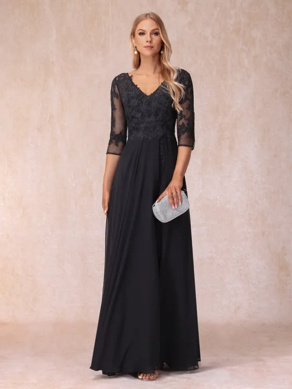 A-Line/Princess V-Neck 3/4 Sleeves Long Formal Evening Dresses with Beading & Appliques sold by Lavetir