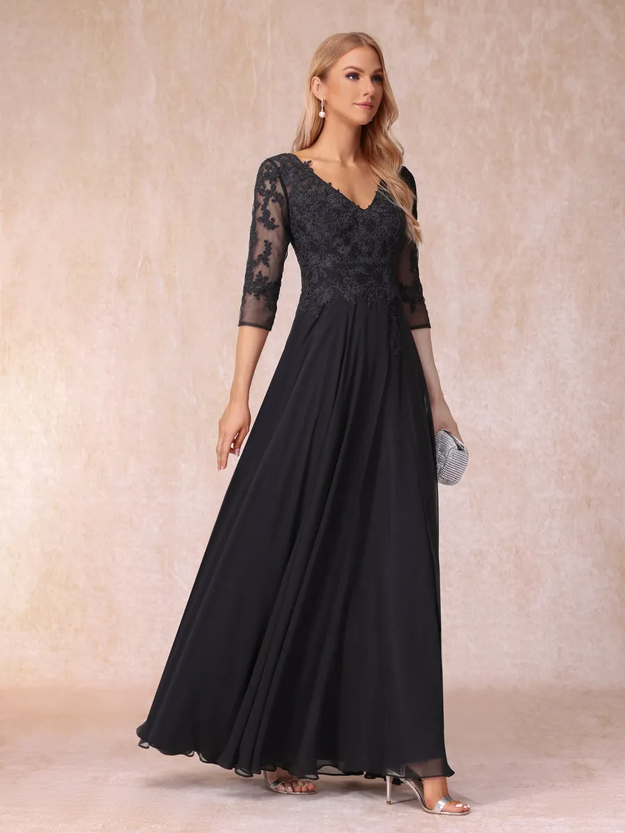 A-Line/Princess V-Neck 3/4 Sleeves Long Formal Evening Dresses with Beading & Appliques sold by Lavetir product image thumbnail 5