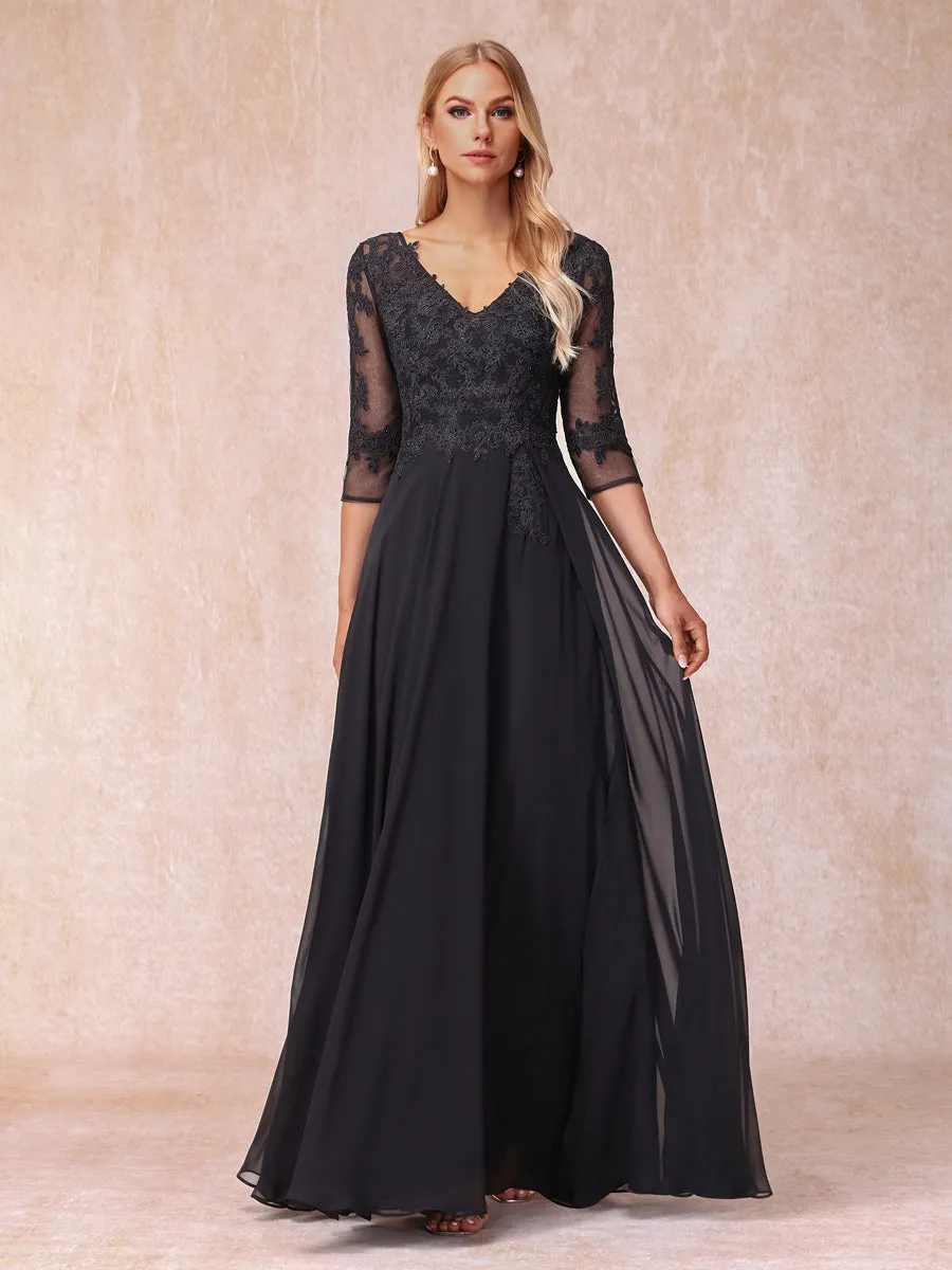 A-Line/Princess V-Neck 3/4 Sleeves Long Formal Evening Dresses with Beading & Appliques sold by Lavetir product image thumbnail 3