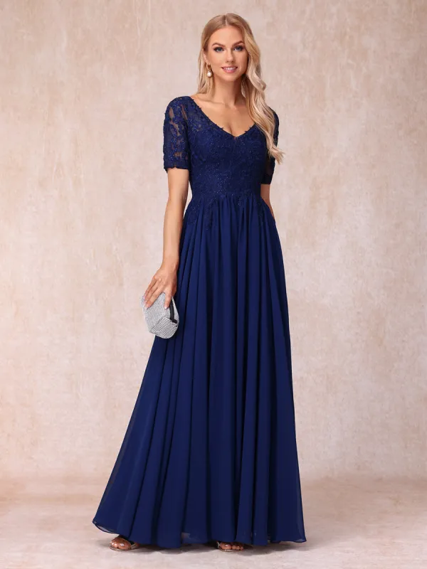 A-Line/Princess V-Neck Short Sleeves Long Formal Evening Dresses with Beading & Appliques sold by Lavetir