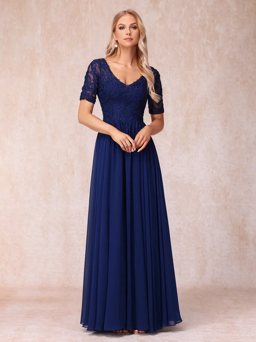 A-Line/Princess V-Neck Short Sleeves Long Formal Evening Dresses with Beading & Appliques sold by Lavetir product image thumbnail 3