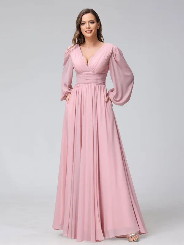 A-Line V-Neck Long Sleeves Long Chiffon Bridesmaid Dresses With Split Side Pockets sold by Lavetir