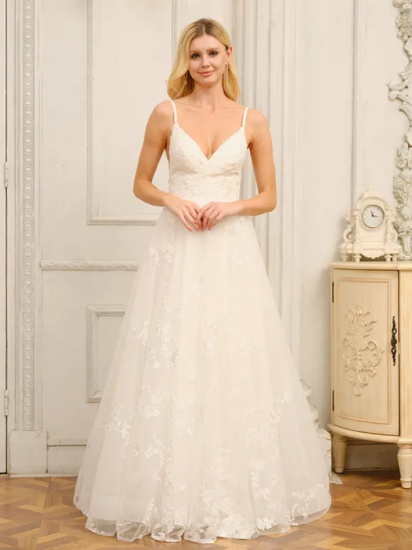 A-Line/Princess Spaghetti Straps V-Neck Sleeveless Long Wedding Dresses with Appliques sold by Lavetir