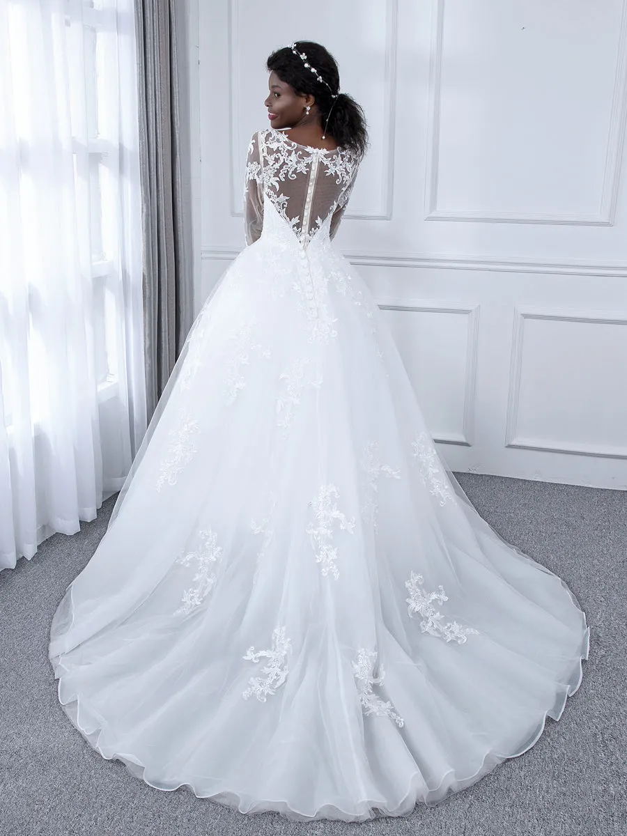 Sheer Neck Tulle Ball Gown Wedding Dresses with Long Sleeves & Appliques sold by Lavetir product image thumbnail 2