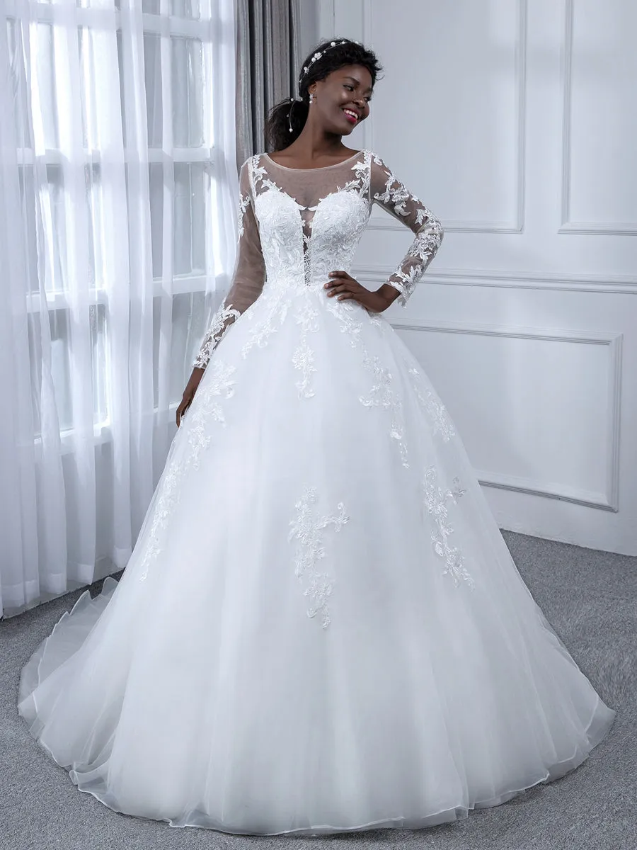 Sheer Neck Tulle Ball Gown Wedding Dresses with Long Sleeves & Appliques sold by Lavetir product image thumbnail 3