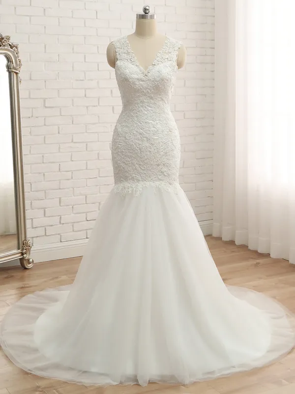 Trumpet/Mermaid V-Neck Sleeveless Applique With Sequin Tulle Court Train Wedding Dresses sold by Lavetir