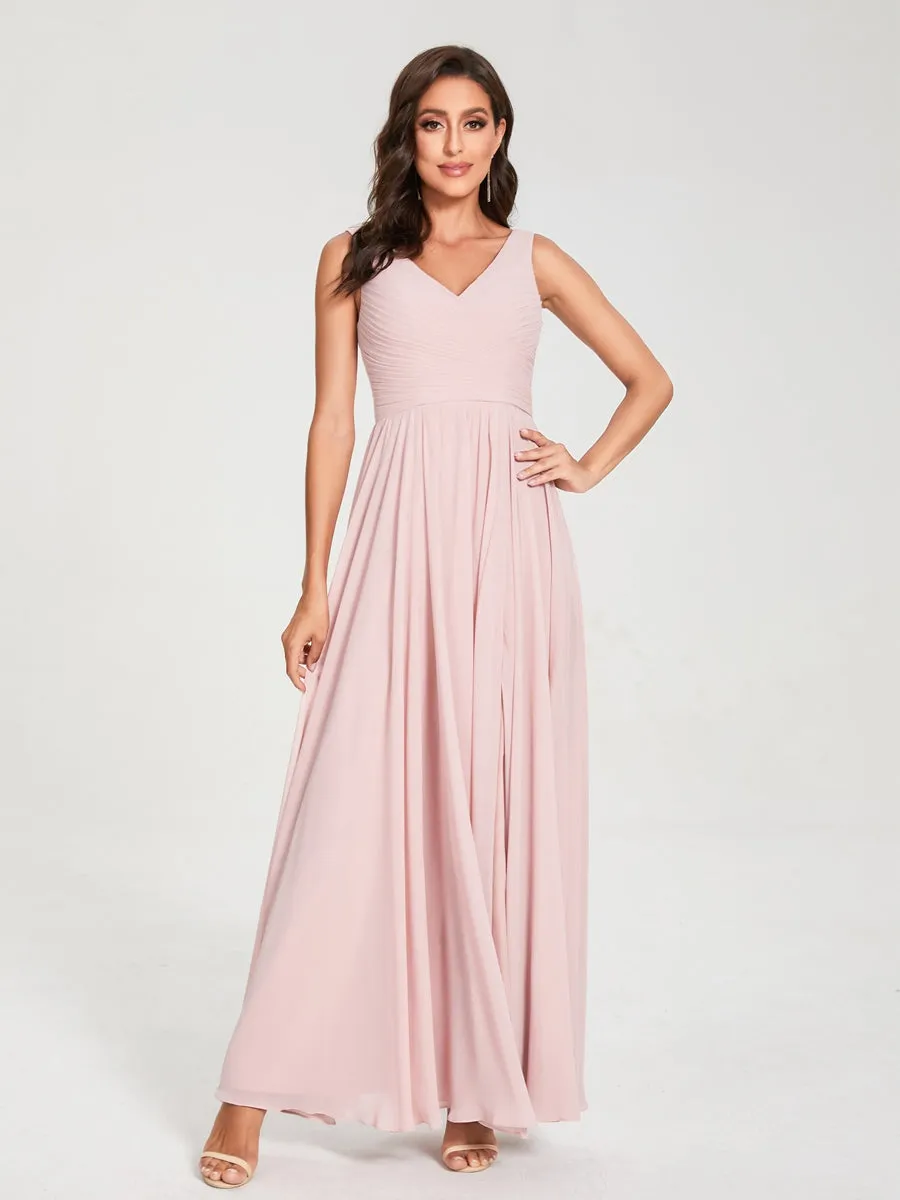 A-Line/Princess Chiffon V-Neck Sleeveless With Pleats Floor-Length Lace Up Bridesmaid Dresses sold by Lavetir product image thumbnail 3