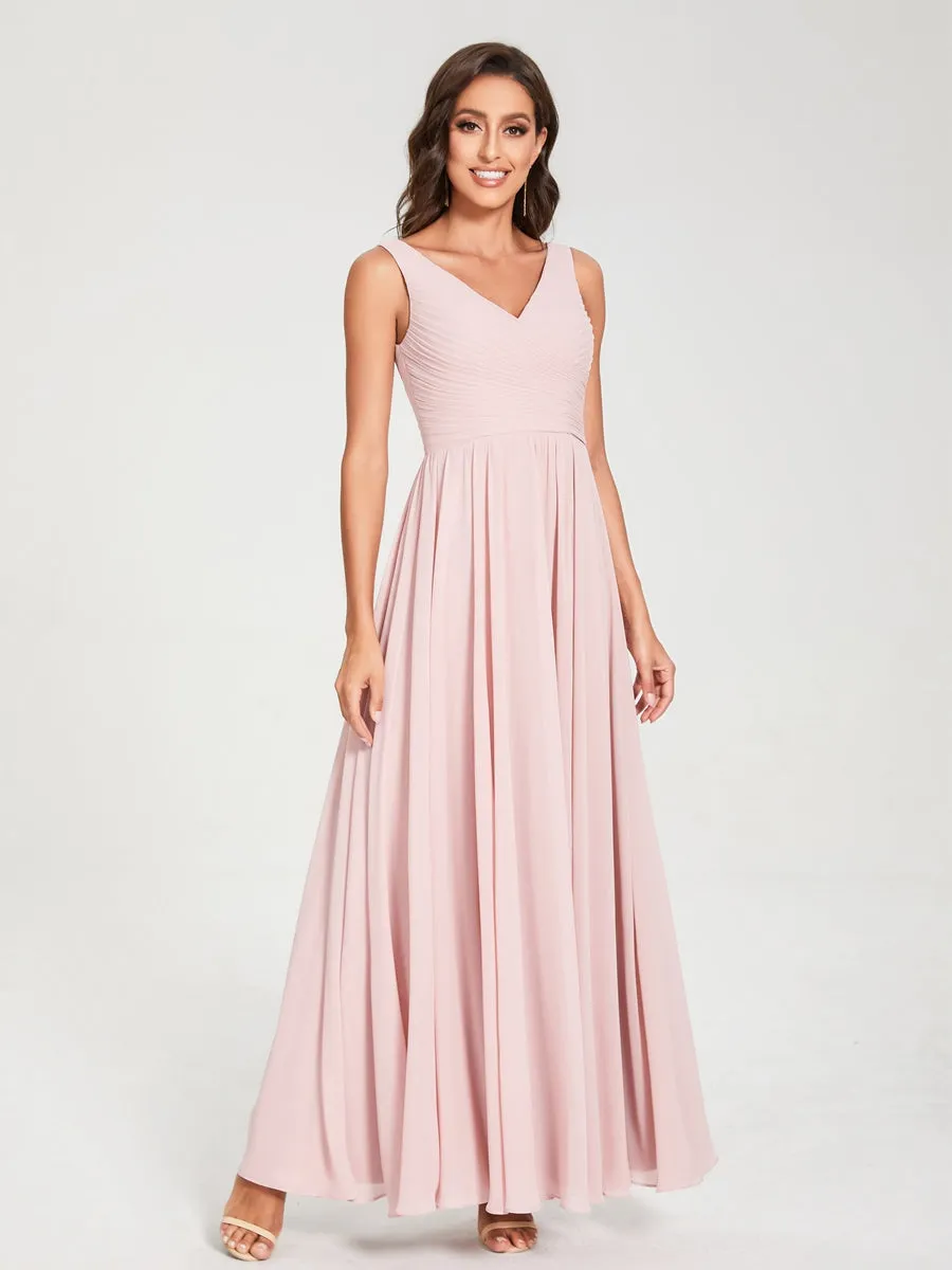 A-Line/Princess Chiffon V-Neck Sleeveless With Pleats Floor-Length Lace Up Bridesmaid Dresses sold by Lavetir product image thumbnail 4