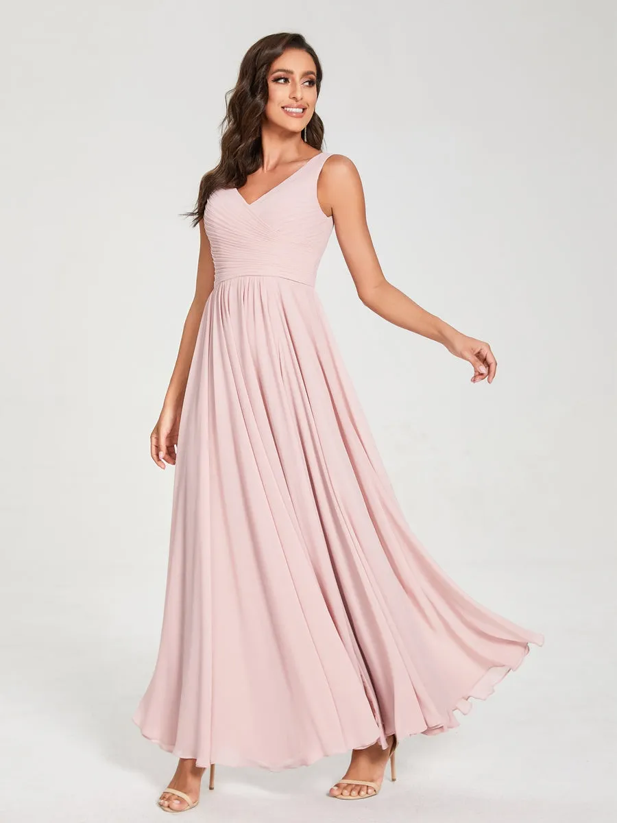 A-Line/Princess Chiffon V-Neck Sleeveless With Pleats Floor-Length Lace Up Bridesmaid Dresses sold by Lavetir