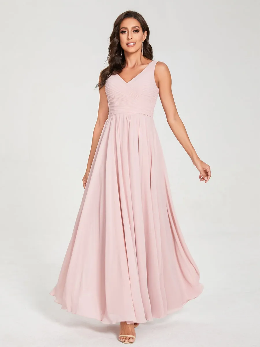 A-Line/Princess Chiffon V-Neck Sleeveless With Pleats Floor-Length Lace Up Bridesmaid Dresses sold by Lavetir product image thumbnail 5