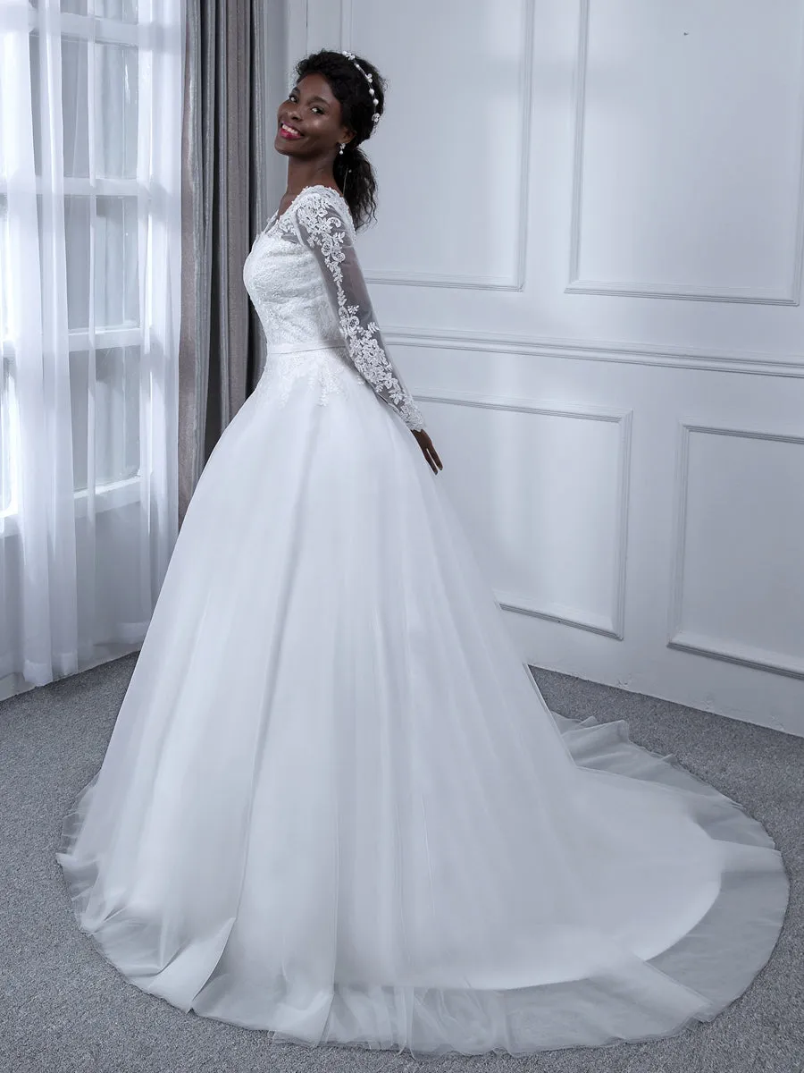 V-Neck Long Sleeves Tulle Ball Gown Wedding Dresses with Appliques sold by Lavetir product image thumbnail 4