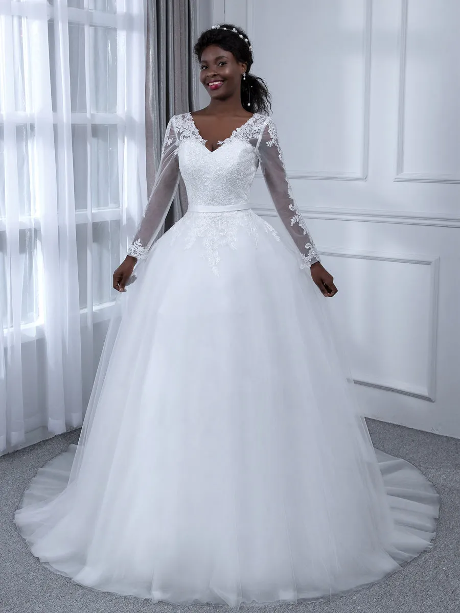 V-Neck Long Sleeves Tulle Ball Gown Wedding Dresses with Appliques sold by Lavetir