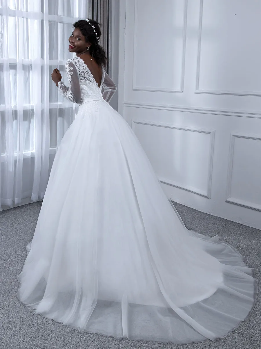 V-Neck Long Sleeves Tulle Ball Gown Wedding Dresses with Appliques sold by Lavetir product image thumbnail 5