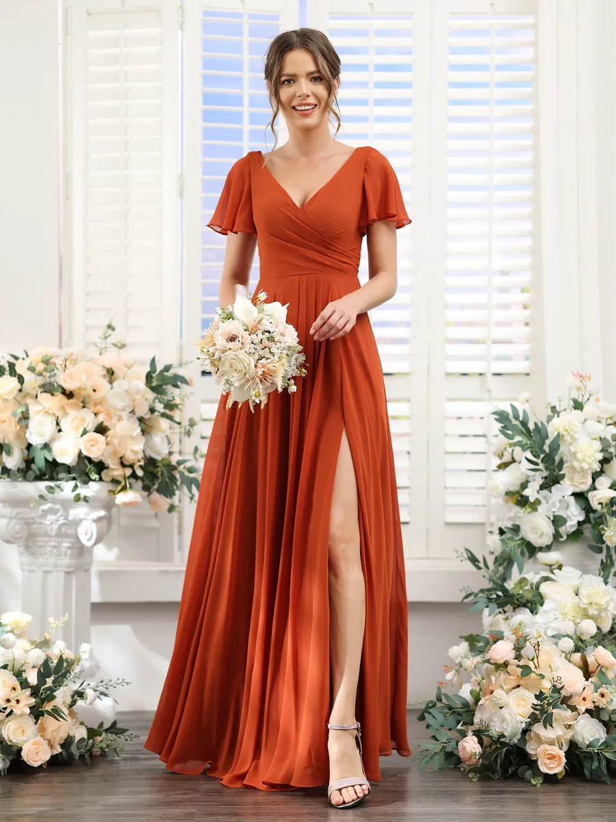 A-Line V-Neck Short Sleeves Split Side Ruched Chiffon Bridesmaid Dresses sold by Lavetir product image thumbnail 5