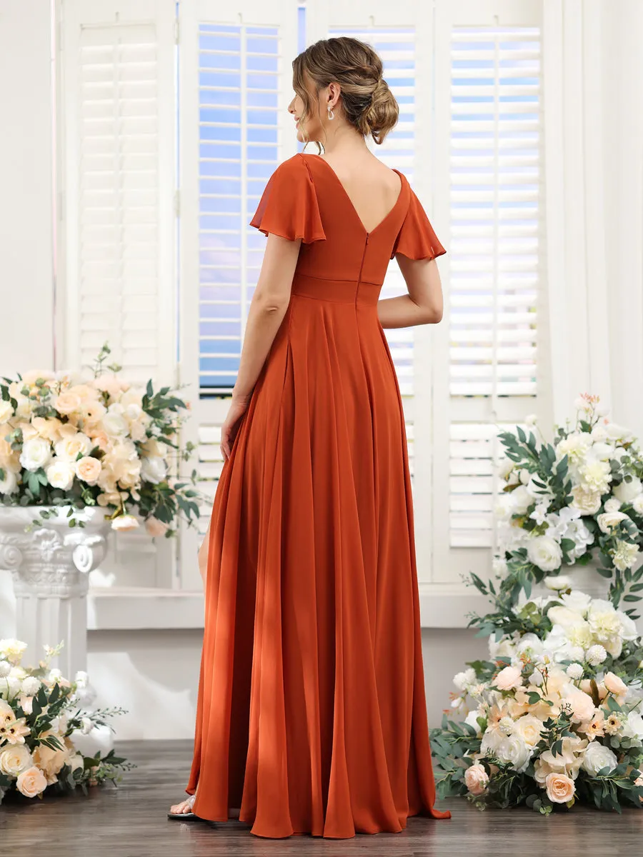 A-Line V-Neck Short Sleeves Split Side Ruched Chiffon Bridesmaid Dresses sold by Lavetir product image thumbnail 2