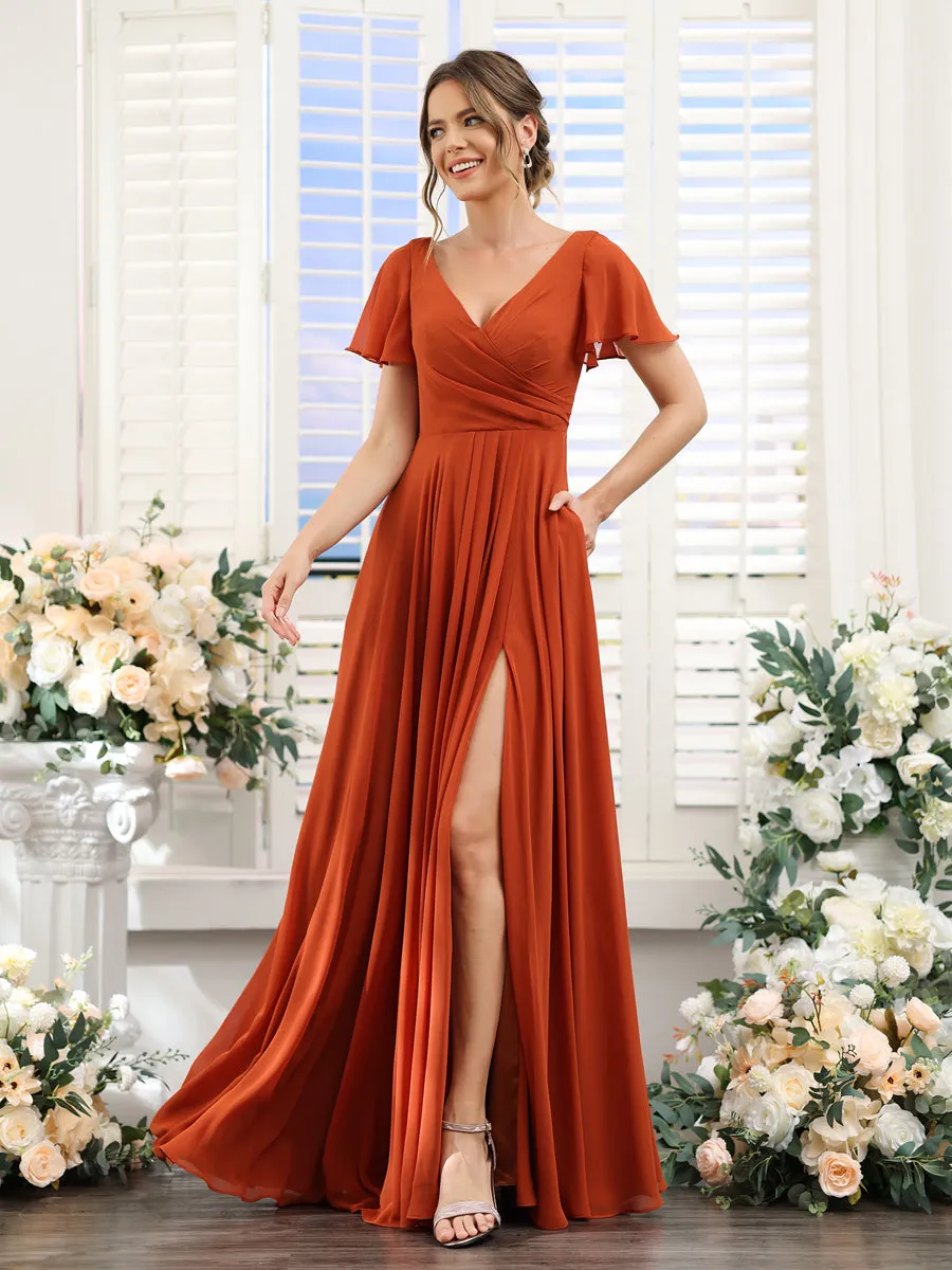 A-Line V-Neck Short Sleeves Split Side Ruched Chiffon Bridesmaid Dresses sold by Lavetir product image thumbnail 3