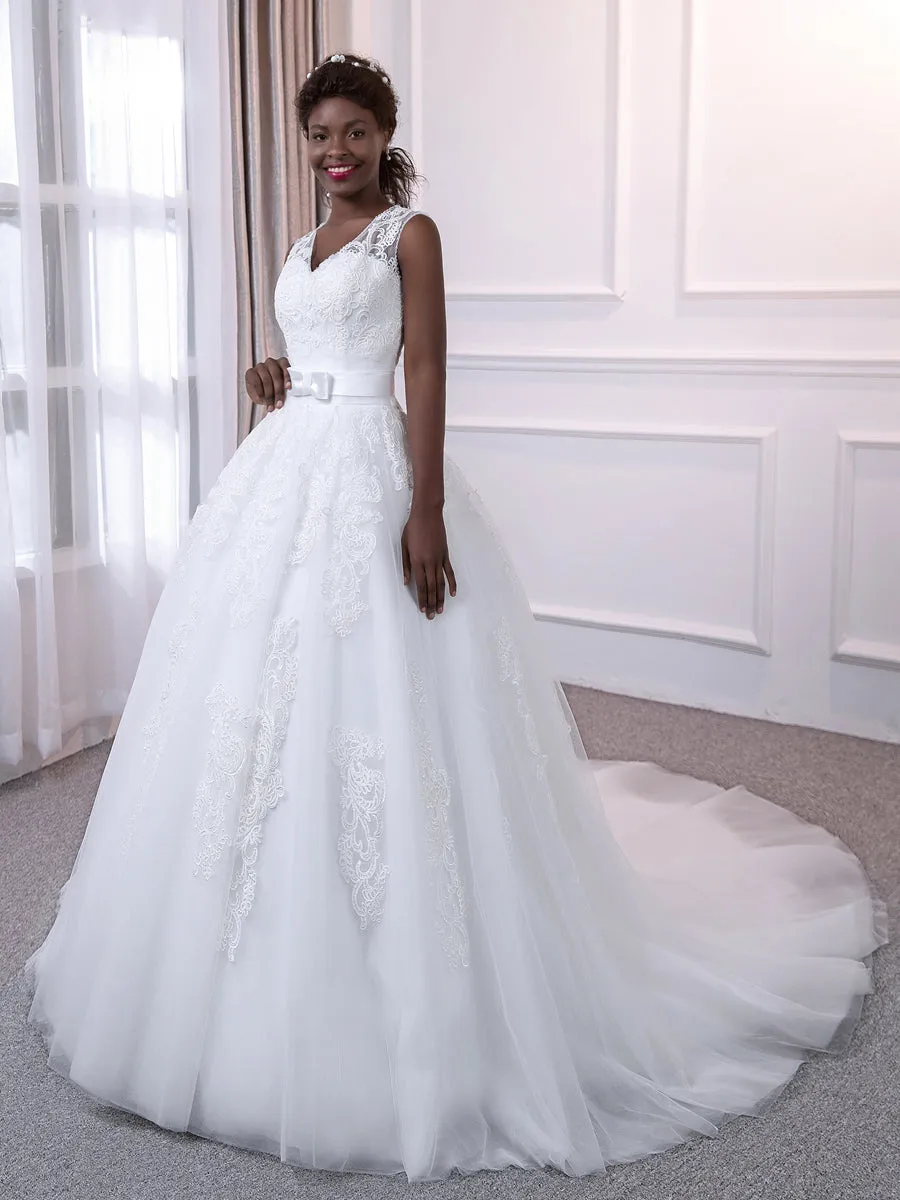 V-Neck Sleeveless Tulle Ball Gown Wedding Dresses with Belt & Appliques sold by Lavetir