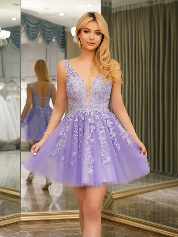 A-Line V-Neck Sleeveless Short Dresses with Appliques & Beading sold by Lavetir