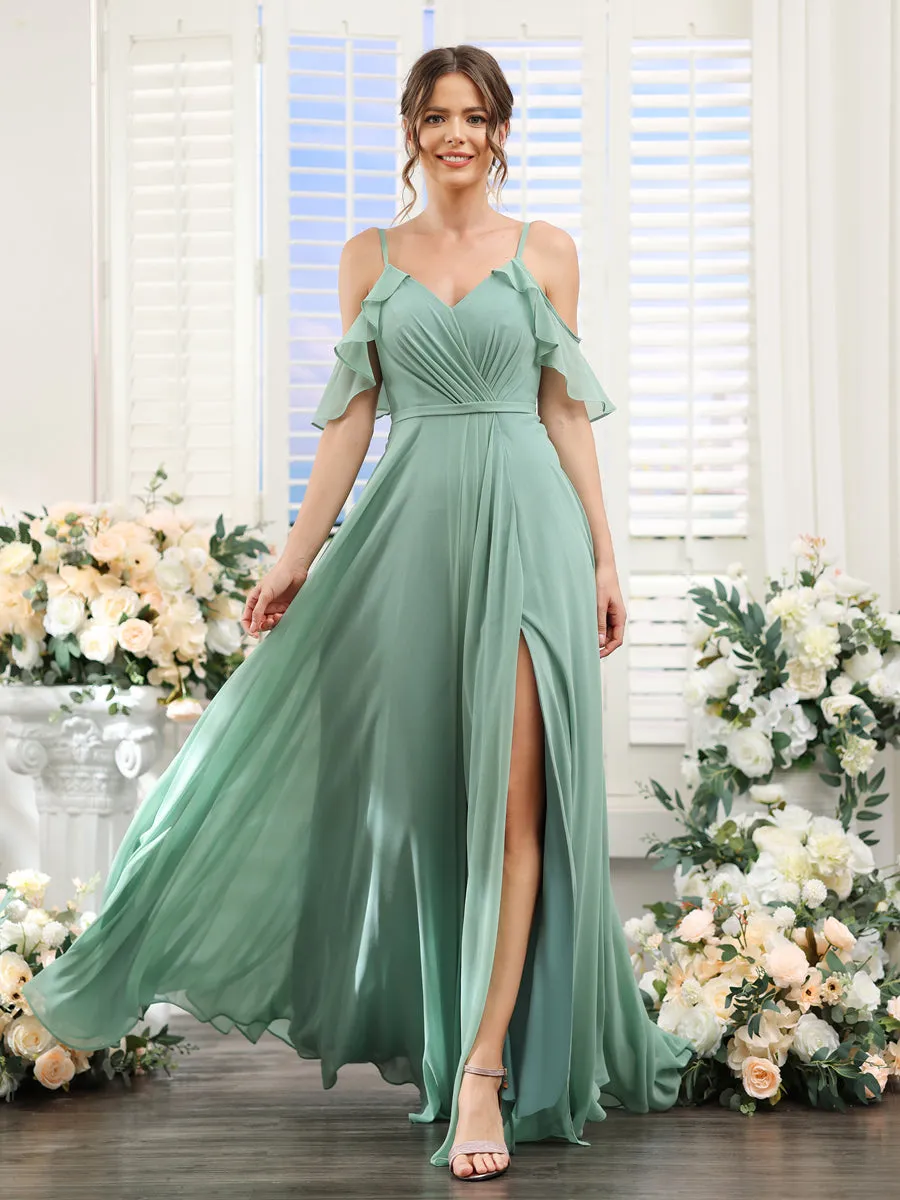 A-Line V-Neck Spaghetti Straps Short Sleeves Split Side Chiffon Bridesmaid Dresses sold by Lavetir product image thumbnail 3
