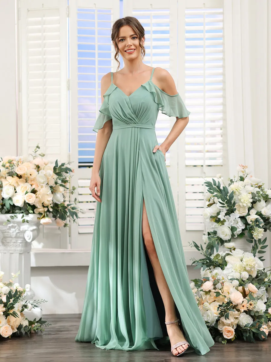 A-Line V-Neck Spaghetti Straps Short Sleeves Split Side Chiffon Bridesmaid Dresses sold by Lavetir