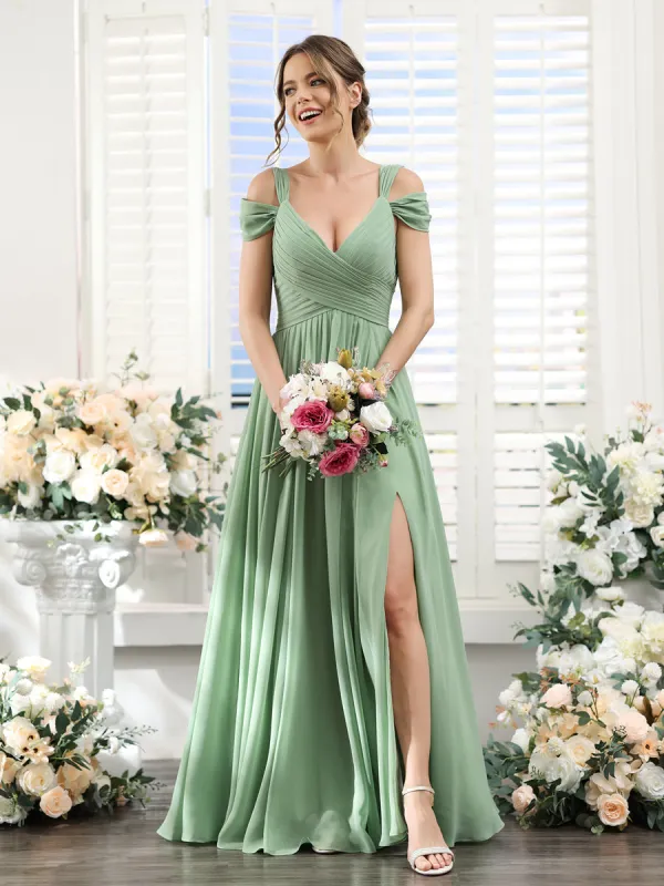 A-Line V-Neck Split Side Ruched Floor-Length Chiffon Bridesmaid Dresses sold by Lavetir