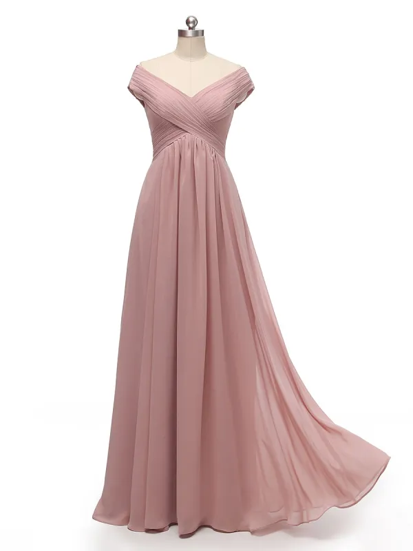 A-Line/Princess Capped V-Neck Sleeveless Chiffon With Pleats Floor-Length Bridesmaid Dresses sold by Lavetir