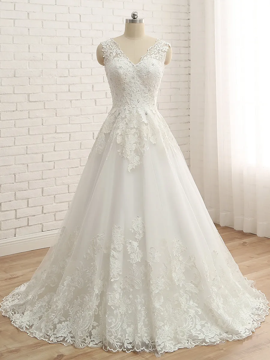 A-Line/Princess V-Neck Sleeveless Applique Tulle Floor-Length Wedding Dresses sold by Lavetir