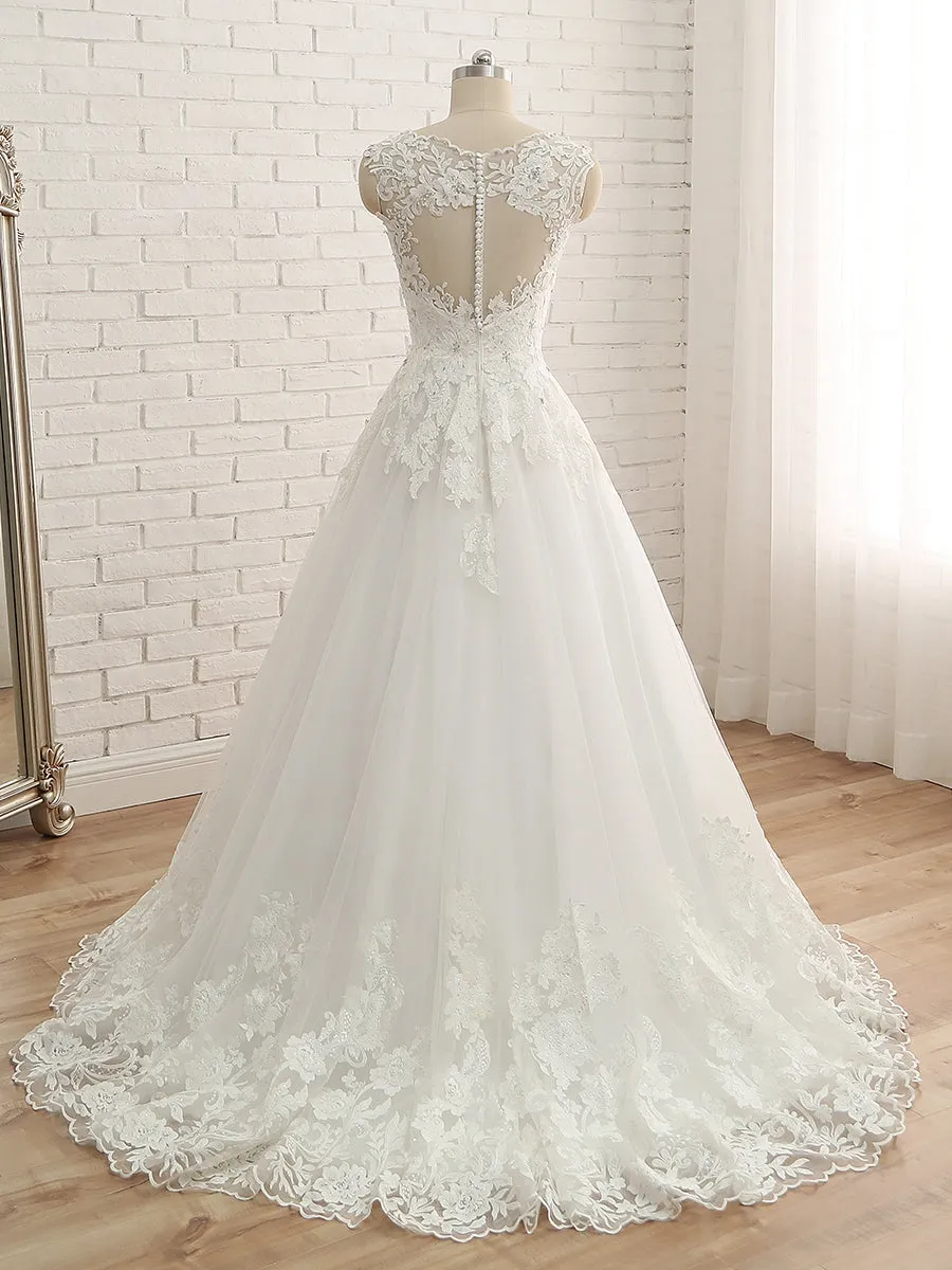 A-Line/Princess V-Neck Sleeveless Applique Tulle Floor-Length Wedding Dresses sold by Lavetir product image thumbnail 2