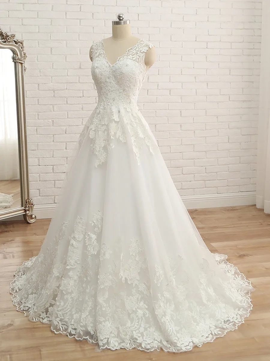 A-Line/Princess V-Neck Sleeveless Applique Tulle Floor-Length Wedding Dresses sold by Lavetir product image thumbnail 3