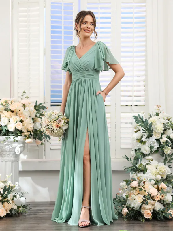 A-Line V-Neck Short Sleeves Split Side Chiffon Bridesmaid Dresses with Pockets sold by Lavetir